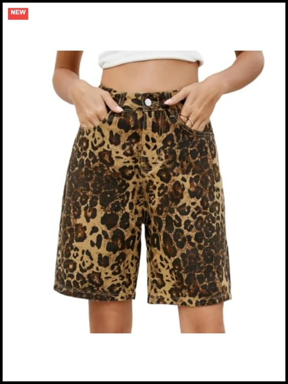Women Leopard Print High Waisted Baggy Denim Shorts Loose Fit Knee Length
